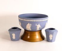 Wedgwood Blue Jasperware Large Fruit Bowl on wooden plinth & two smaller vases, diameter of