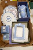 Boxed Wedgwood Jasperware items to include Large Dancing Hours Vase, Picture Frame, Mantle Clock,