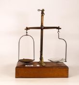 19th century brass beam scales, contained in an oak fitted travel case with weights
