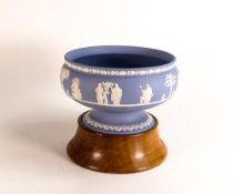 Wedgwood Blue Jasperware Footed Bowl on Wooden Plinth, diameter 21cm