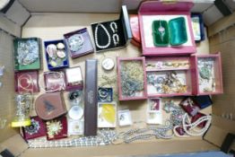 A large collection of vintage ladies costume jewellery including jewellery box,brooches, beads,