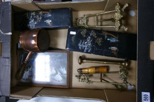 A mixed collection of items to include ornate brass picture stands, lacquered boxes, copper