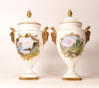 Hand Decorated Coalport Lidded Vases with Landscape Panel & Rams Head decoration, one sign S