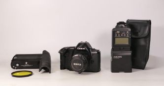 Canon EOS-1n vintage film camera with EF-50mm lens, Speedlite 550ex flash unit, E1 Power Drive &