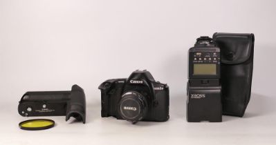 Canon EOS-1n vintage film camera with EF-50mm lens, Speedlite 550ex flash unit, E1 Power Drive &