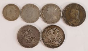 Small group of English silver coins - 2 x Victorian crowns both 1890, 1819 crown (defaced), 1707