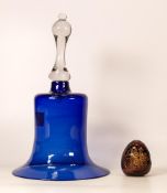 A Russian Amethyst Glass Egg after Faberge together with an Art Glass Blue Bell. Height of