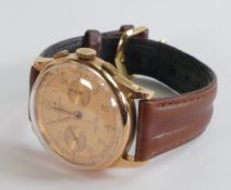 18ct gold gentleman's Lea chronographe Suisse wristwatch, c1960s with brown leather strap, d.45cm,