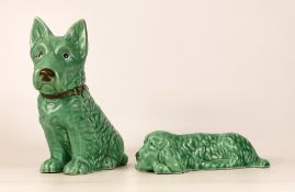 Sylvac Original Large seated dog with collar and laying dog dish 2025, both in green glazes, tallest