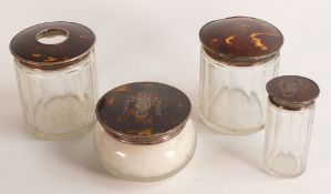 Four x silver & tortoiseshell topped cut glass jars, 2 x London 1919, and 2 x Birmingham 1922. One