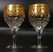 Two De Lamerie Fine Bone China heavily gilded Robert Adam Pattern Water / Wine Glass Goblets in