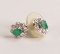 Pair 9ct earrings set with emerald & diamonds, 1.6g.