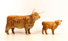 Beswick Highland cow 1730 & Calf 1827d(2) (cow with restored leg & horns)(2)