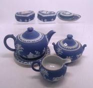 Wedgwood blue dip Jasperware items to include a 4 piece tea service consisting of teapot, teapot