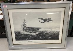 Robert Bailey A.S.A.A, 'Avenging Strike' signed by eight of the Doolittle Raiders. Framed behind