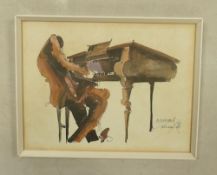 Leo Meiersdorff (Meisman) New Orleans, 1976, Framed Watercolour of a Pianist. Height: 26.5cm