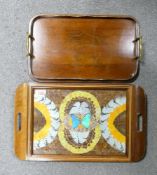 Two 20th Century Inlaid Trays to include on brass handled butlers tray and one Brazilian butterfly