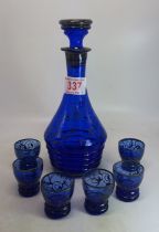 Early 20th Century Blue Glass Carafe & six glasses, height 23cm