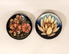 Two Moorcroft pin dishes in the Waterlily and Oberon pattern. Both Boxed