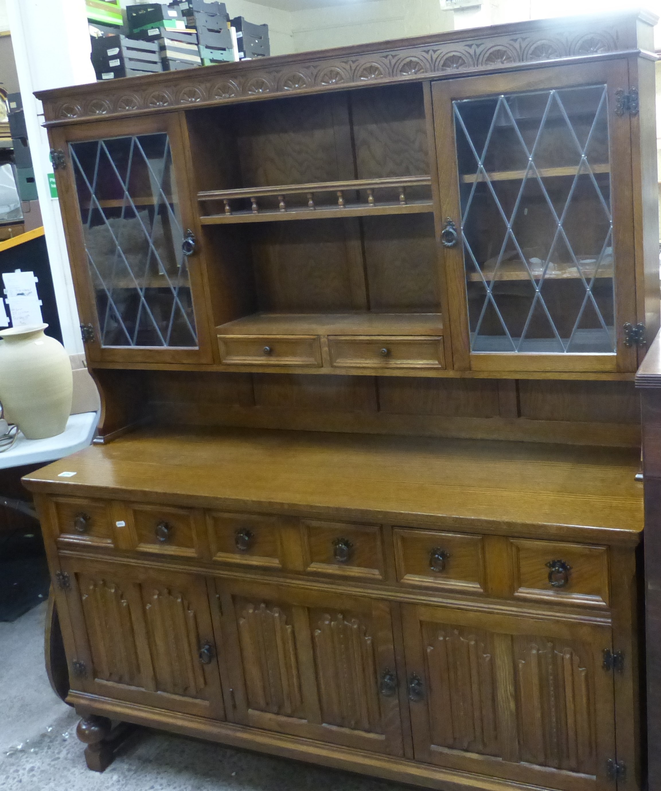 Late 20th century Linen fold Oak dresser 150cm W x 48cm D x 175cm H