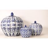 Graduated Set of 3 20th Century Oriental Type Blue & White Lidded Pots, tallest 25cm(3)