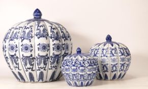 Graduated Set of 3 20th Century Oriental Type Blue & White Lidded Pots, tallest 25cm(3)