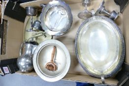 A mixed collection of silver plated & brass items to include candlesticks, dinnerware, nut cracker
