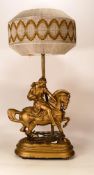 An Overpainted Victorian Spelter Figure titled Amazone converted to lamp with mid century