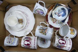 A collection of commemorative items to include Masons tankards, trio , Aynsley twin handled cup
