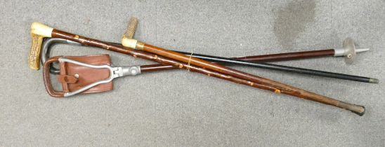 A collection of Horn Handled Walking Sticks, similar Riding Crop & Shooting Stick(4)
