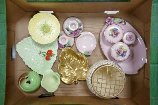 A mixed collection of items to include Carlton Ware footed bowl, jug , apple preserve pot , pink