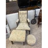 Late Victorian Reupholstered Armchair together with two footstools. Height of chair: 101cm (3)