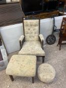 Late Victorian Reupholstered Armchair together with two footstools. Height of chair: 101cm (3)