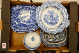 A collection of Blue & White items including platters, open veg dish, platters etc
