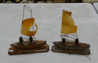 Mid Century Wooden Sailing Boat Table Lamps, largest length of base 39cm together similar Wooden