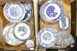 A large collection of Woods, Royal Tudor & similar Blue & White decorated plates (2 trays)