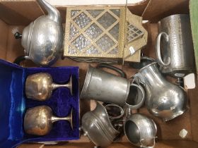 A mixed collection of metal ware items to include pewter 4 piece tea service, cased pair of silver