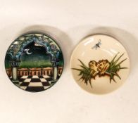 Two Moorcroft pin dishes in the Jumeirah ( signed by Beverley Wilkes , dated 29/5/00) and frog