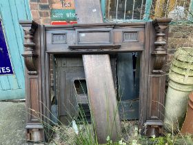 Late 19th century oak chimney piece/mantlepiece, 150cm H x 180cm W x 32cm D.