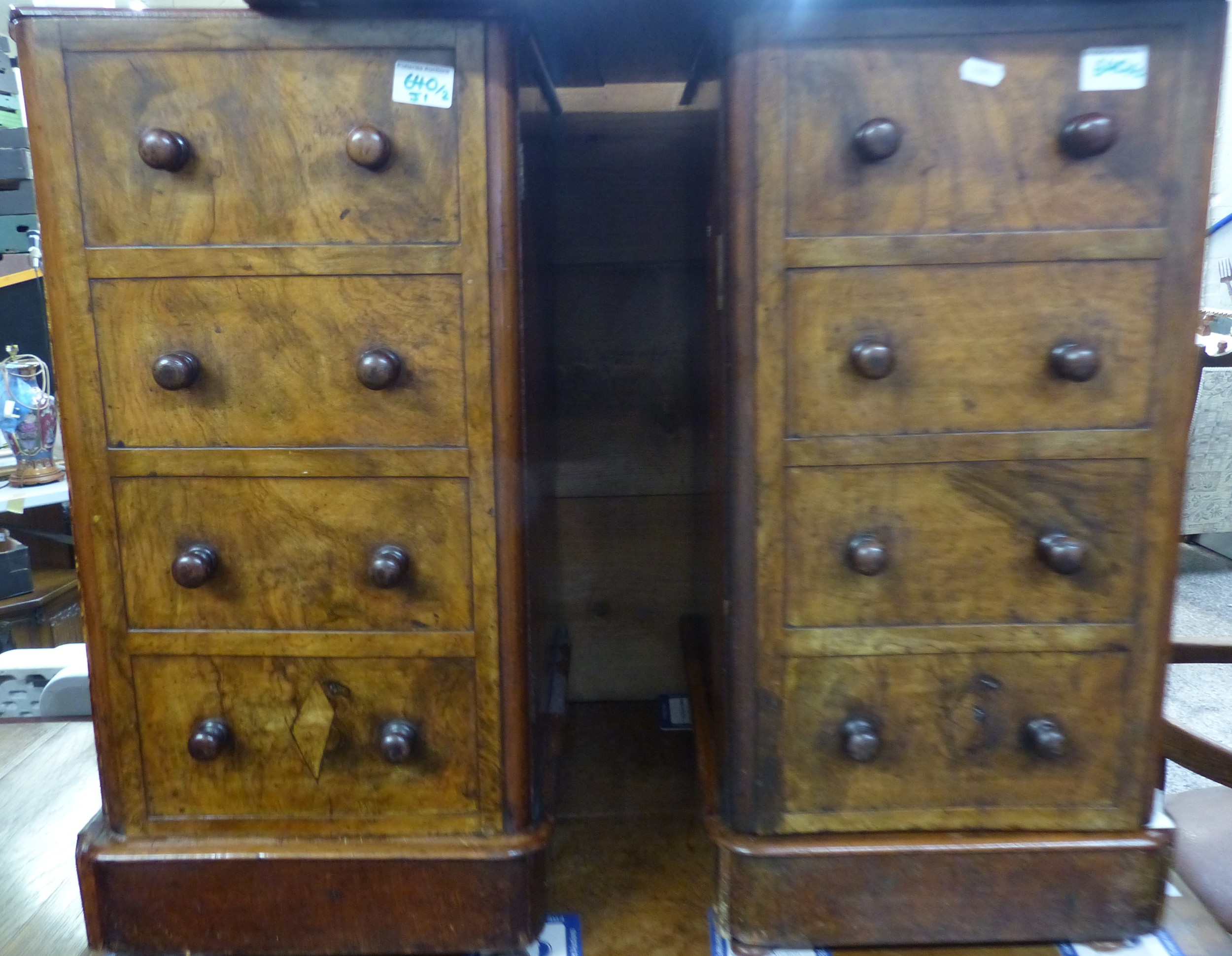 A pair of unusual Walnut Veneer Bedside cabinets (repurposed from a pedestal desk)