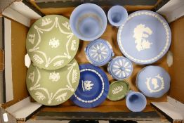 A good collection of Wedgwood jasper ware to include sugar bowl, preserve pot, plates, small