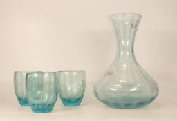 A Portmerion Glassware Carafe with three matching tumblers, aquamarine colour with bubble design.