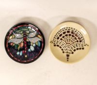 Moorcroft Trial pin dish marked MCC 2000 together with Dragonfly pin dish dated 2000. Both boxed