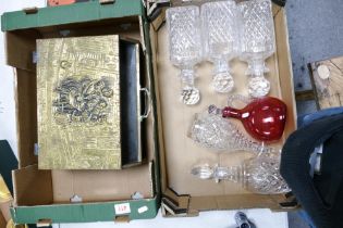 A collection of of quality glass crystal decanters , earlier Cranberry Glass Claret Jug & Brass