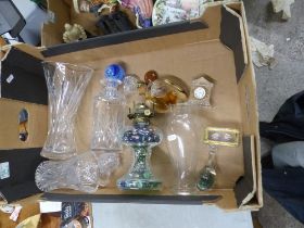 A Mixed Collection of Glass Items to Include Vases, Paperweights, Decanter, Oil Lamp, Trinket Box,
