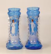 A Pair of Mary Gregory Style Blue Glass Vases with enamel decoration. Height: 28cm