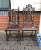 Two Antique Carved Hall Chairs with twist supports & fruit with foliage decoration ( one in need