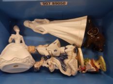 A mixed collection of pottery figures in Aynsley Elephant, Crown Staffordshire Lady Figure, Unmarked