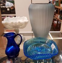 Four Glass Items to include a Ribbed Art Glass Vase with Ground Pontil Mark, Milk Glass Comport,