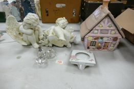 A mixed Collection of item to include Two Cherub Figures, Novelty Cookie jar, Glass Scent bottles